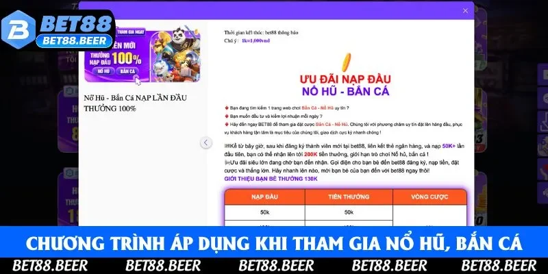 Chương trình chỉ áp dụng khi thành viên tham gia nổ hũ hoặc bắn cá Chương trình chỉ áp dụng khi thành viên tham gia nổ hũ hoặc bắn cá